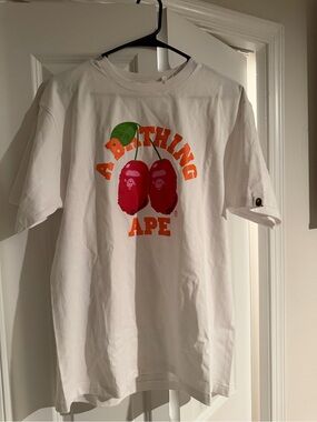 Bape White Tee with Red Ape Head and Green Accents